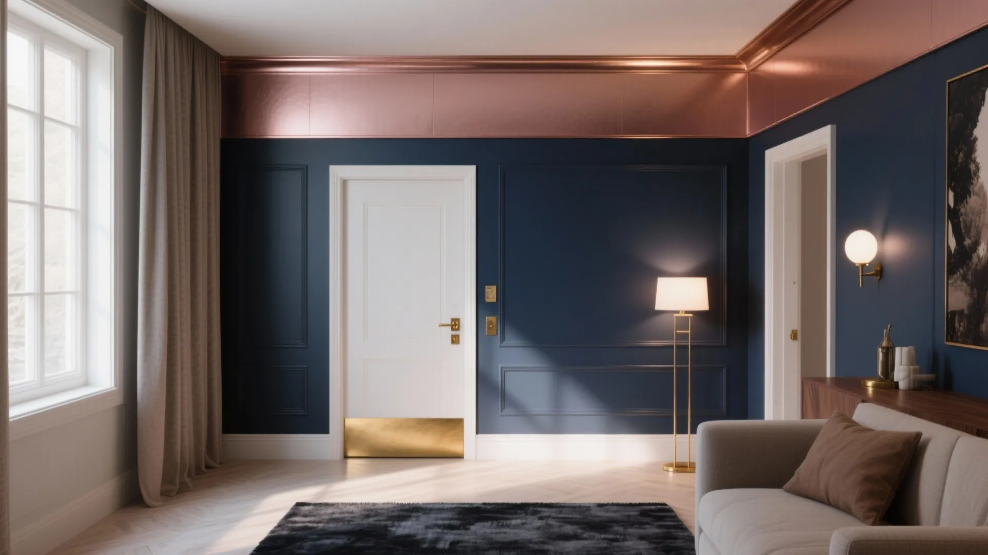 Modern living room with navy blue walls, rose gold ceiling trim, white doors and floor lamp