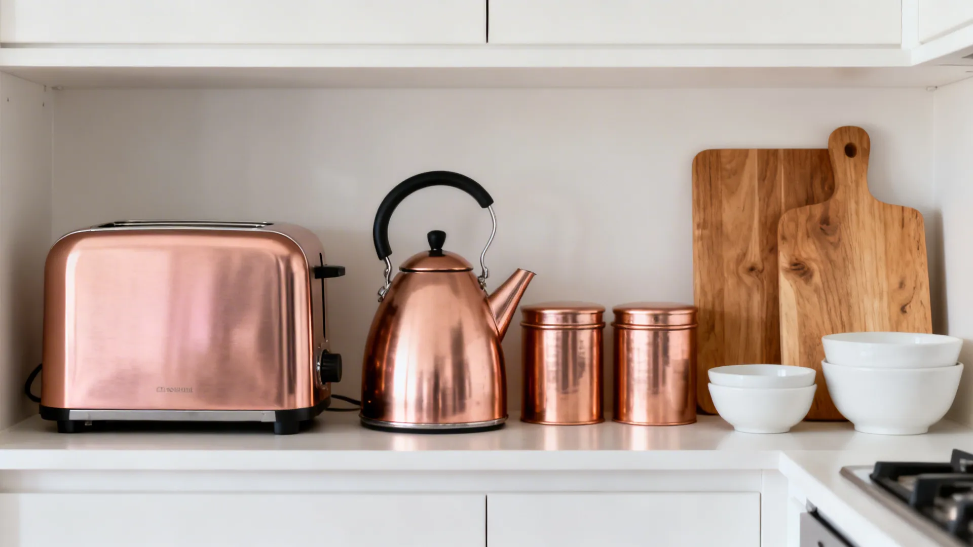 Open shelf vignette with rose gold kettle, canisters, white ceramics, and wood boards.