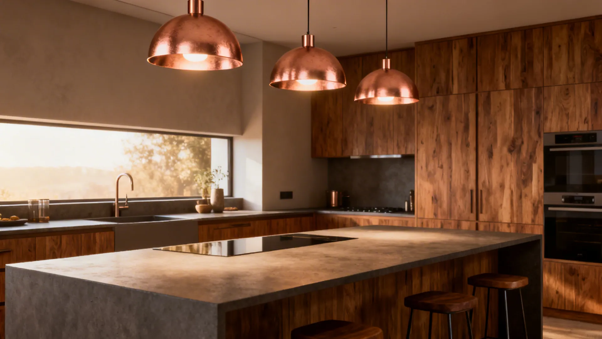 Kitchen island with rose gold pendant lights and warm wood cabinets