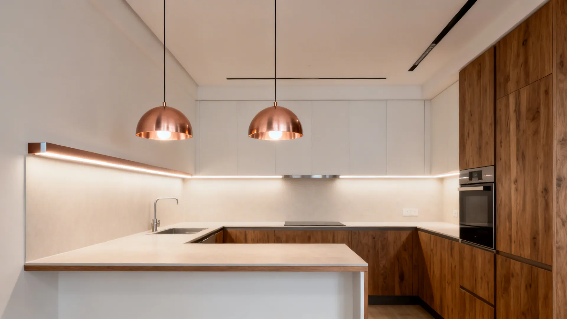 Two compact pendants with brushed rose gold interiors and under-cabinet LEDs in a small kitchen.