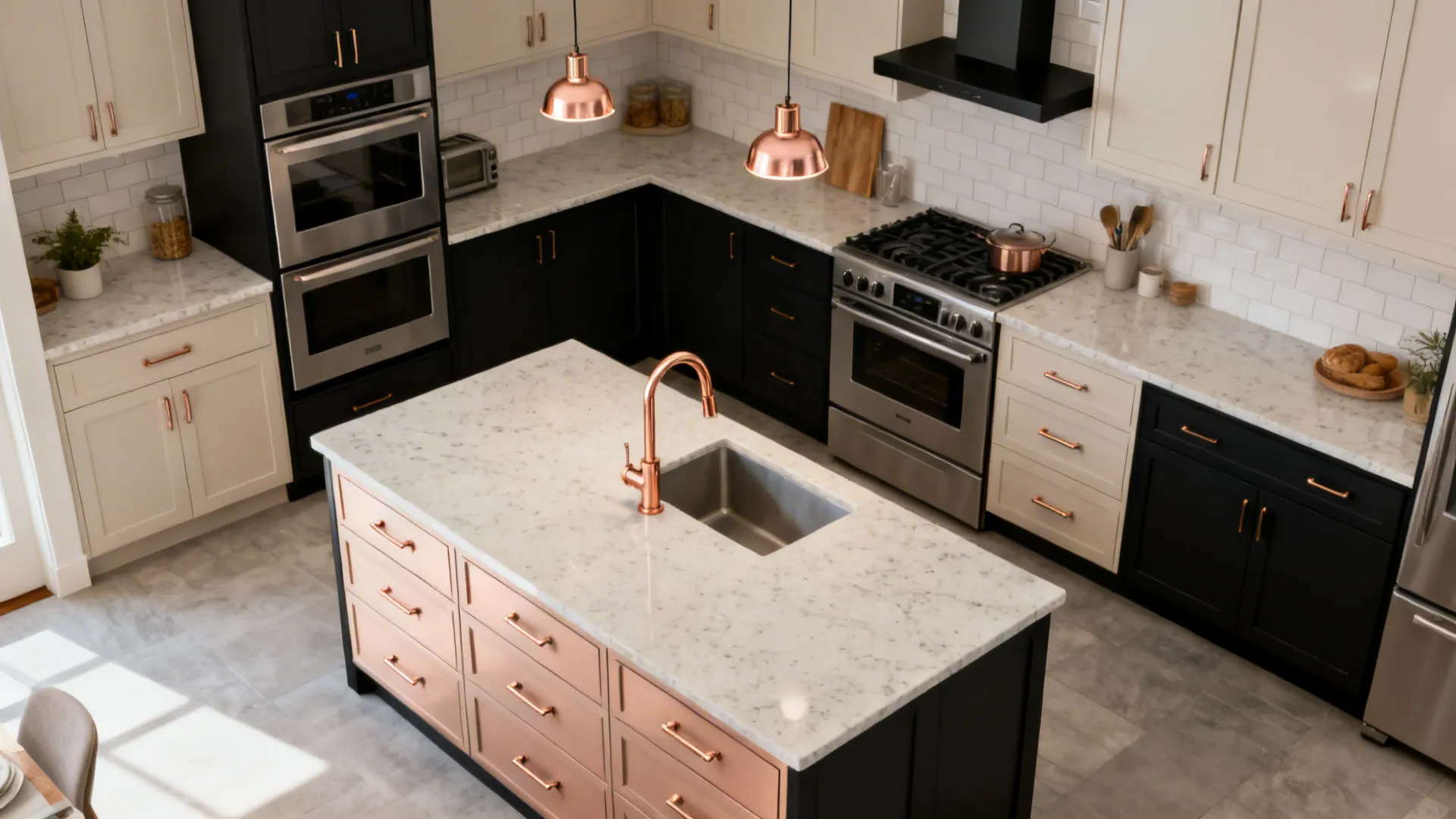 Top-down compact kitchen plan highlighting rose gold hardware, faucet, and pendants.