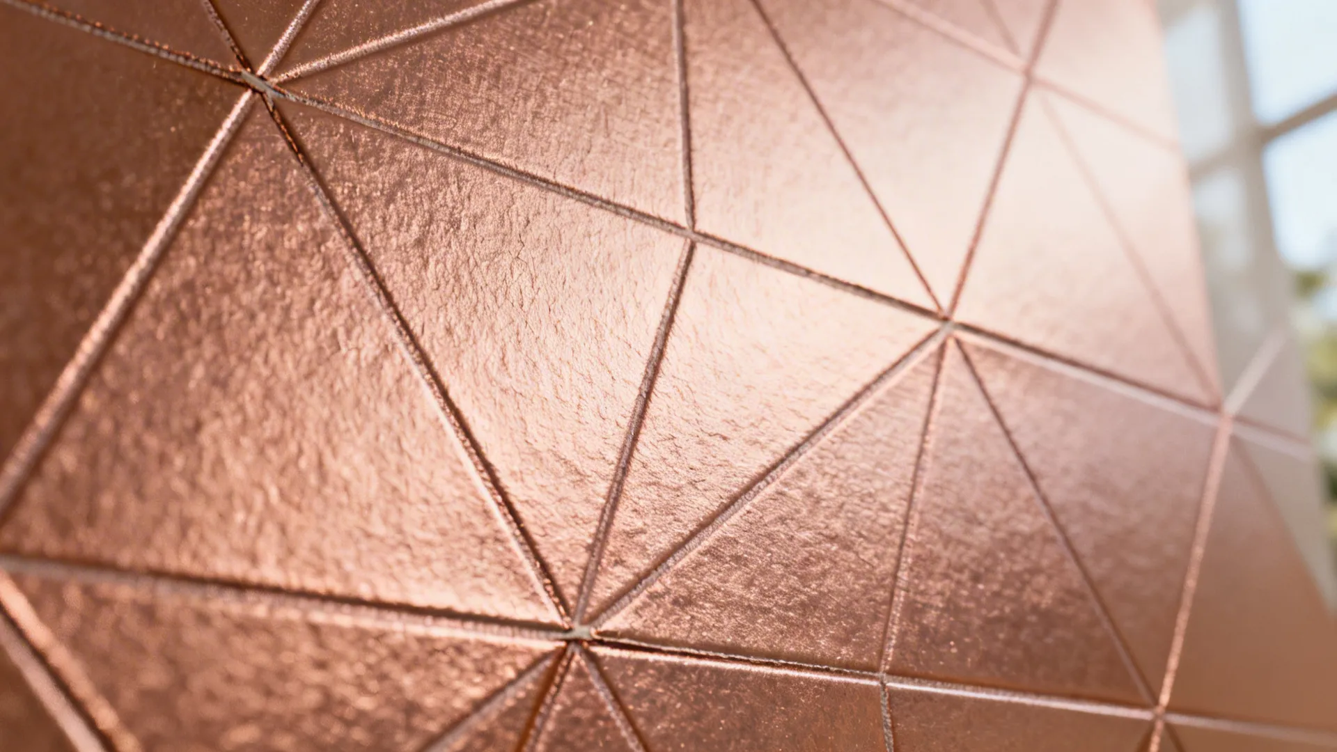 Close-up of rose gold geometric metallic wallpaper showing texture and shimmer