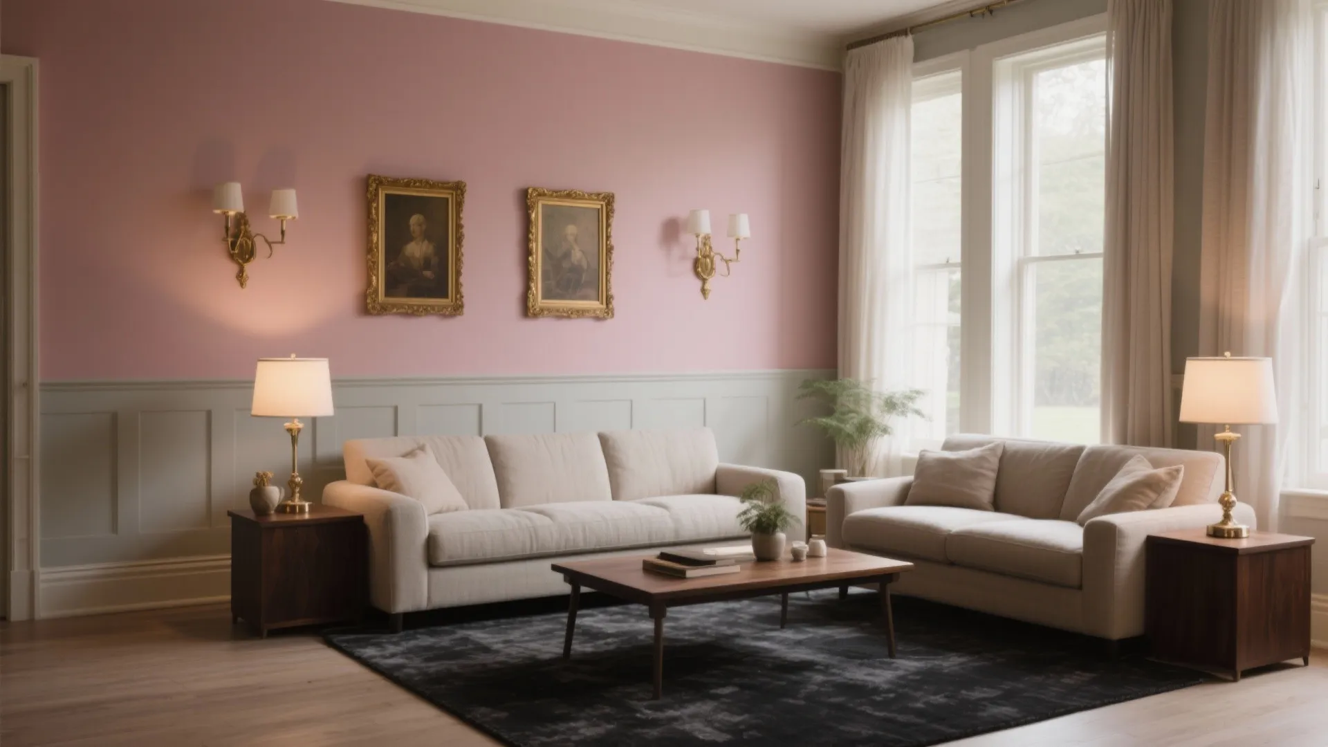 Dusty rose feature with mushroom greige walls, antique gold frames, charcoal rug, and espresso wood accents