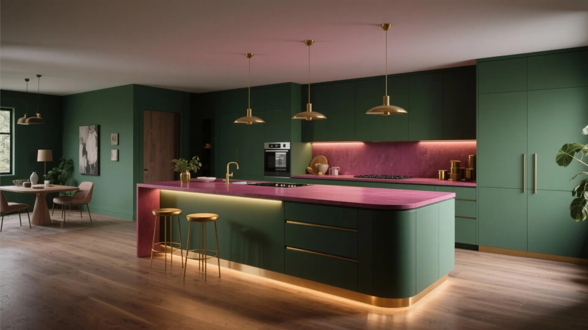 Open kitchen with a deep rose island set against olive-green walls with warm task lighting