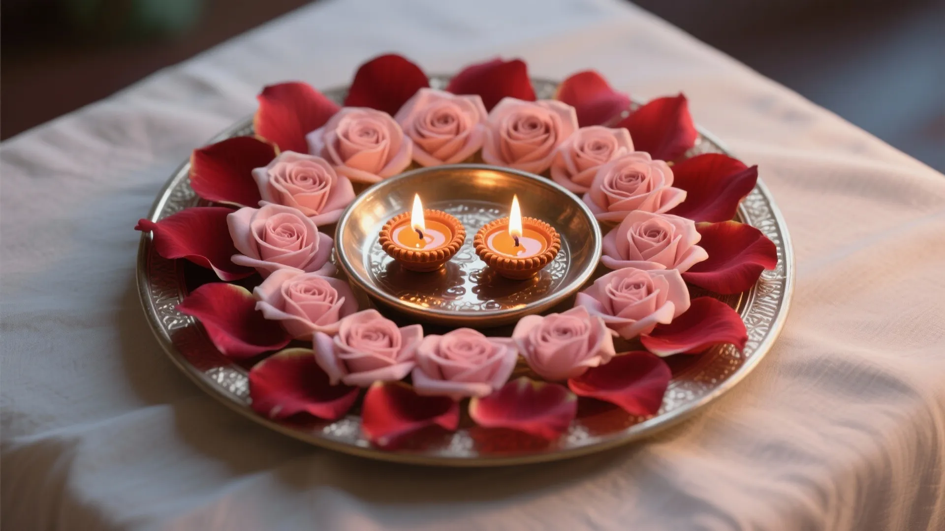Rose petal mandala in blush and red with floating diyas in a shallow bowl at center.