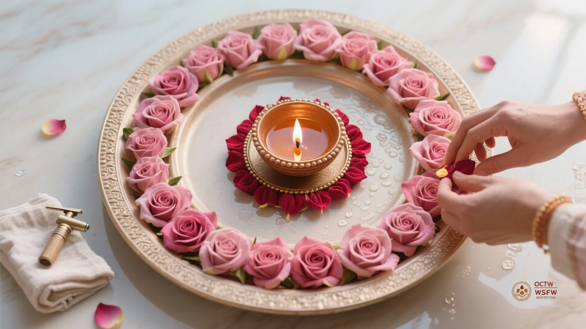 Top-down steps arranging a rose petal mandala with a central bowl for floating diyas.