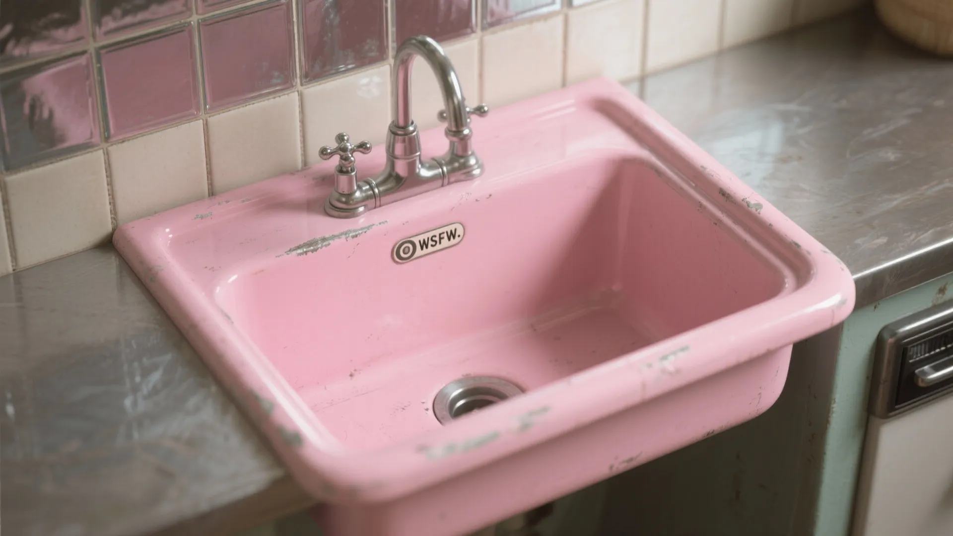 Vintage pink sink with silver metal faucet on grey countertop with pink glass wall tile background