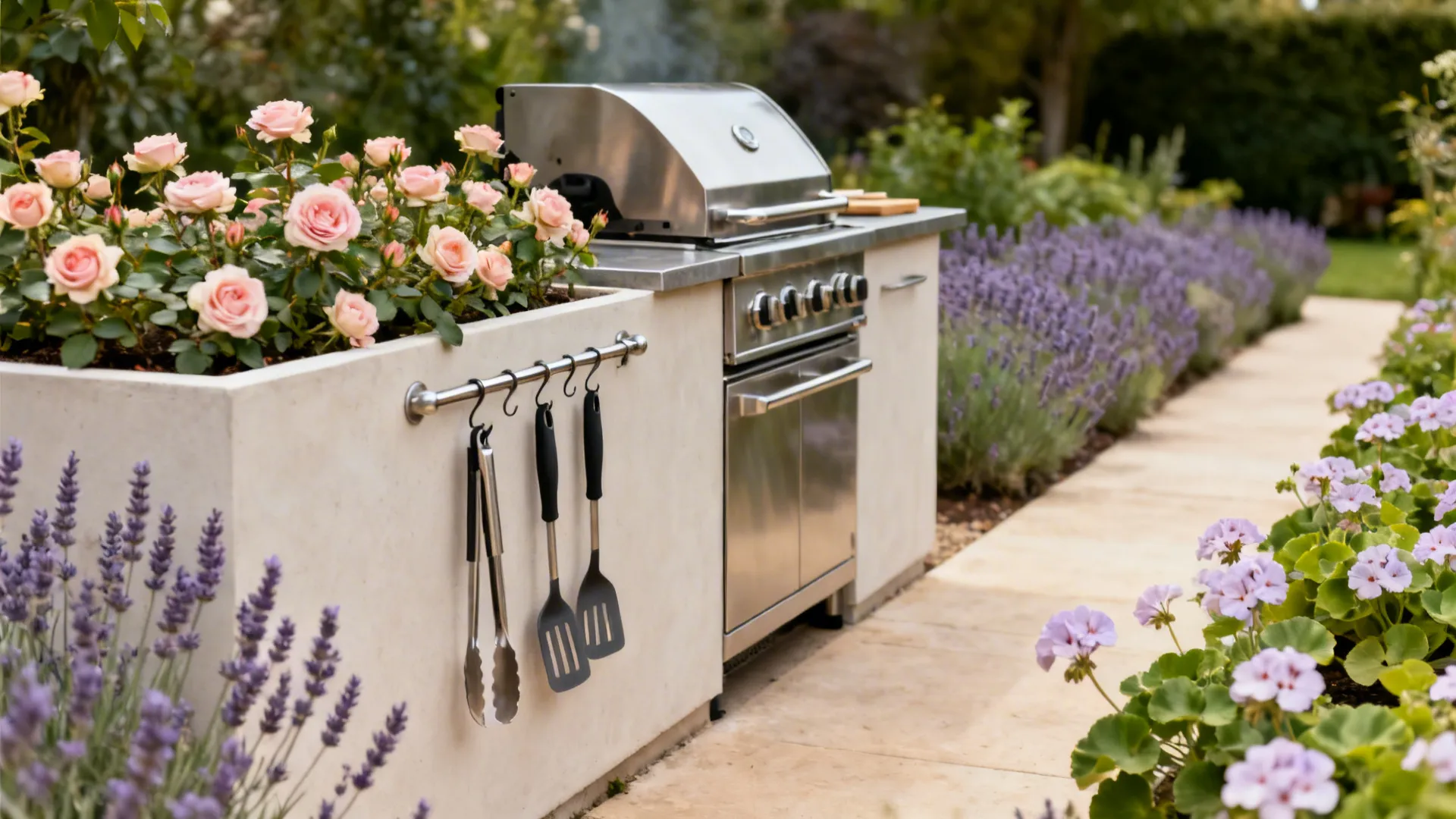 Dwarf rose trough planter marking the hot zone beside a compact stainless grill.