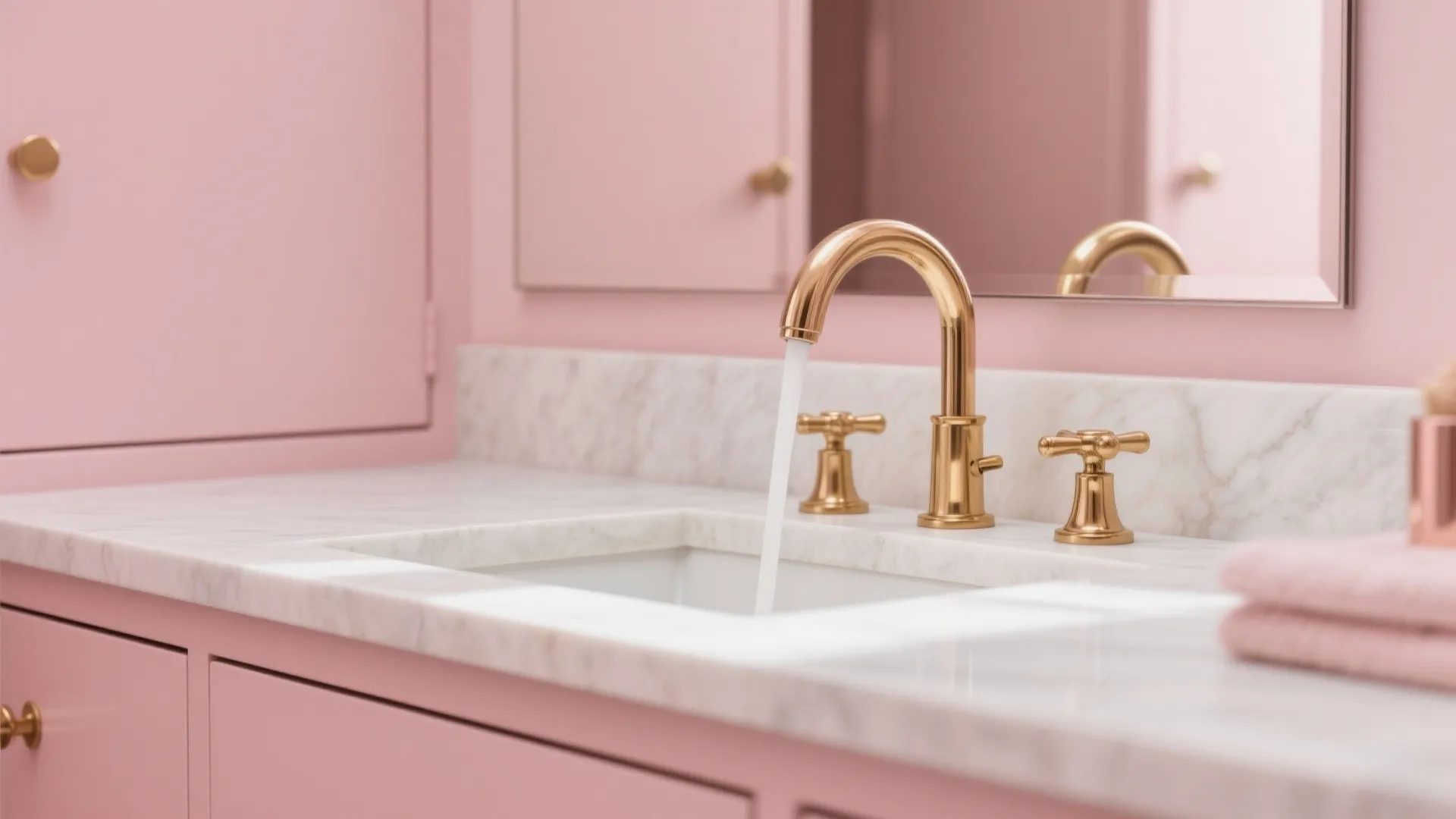 Rose-Gold Fixtures with Matte Pink Cabinetry