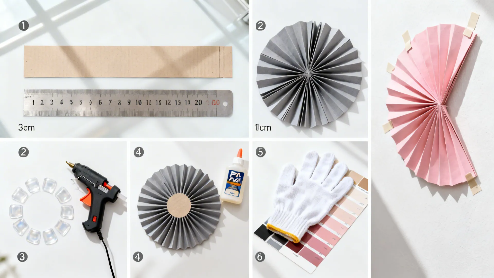 Top-down view of scored paper strips, folded fans, glue, and tabs for rosettes.