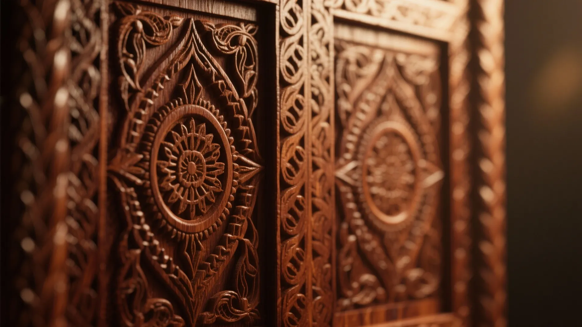 Close up of dark wood wall panel with complex circular patterns and traditional floral carvings