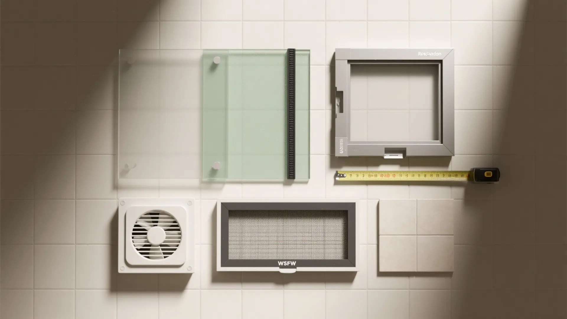 Bathroom hardware parts including exhaust fan window frame glass panel tape measure and wall tiles
