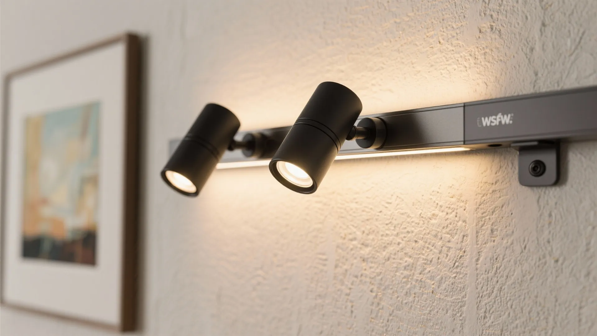 Close-up of rotatable magnetic heads on a slim rail grazing artwork with warm accent light.