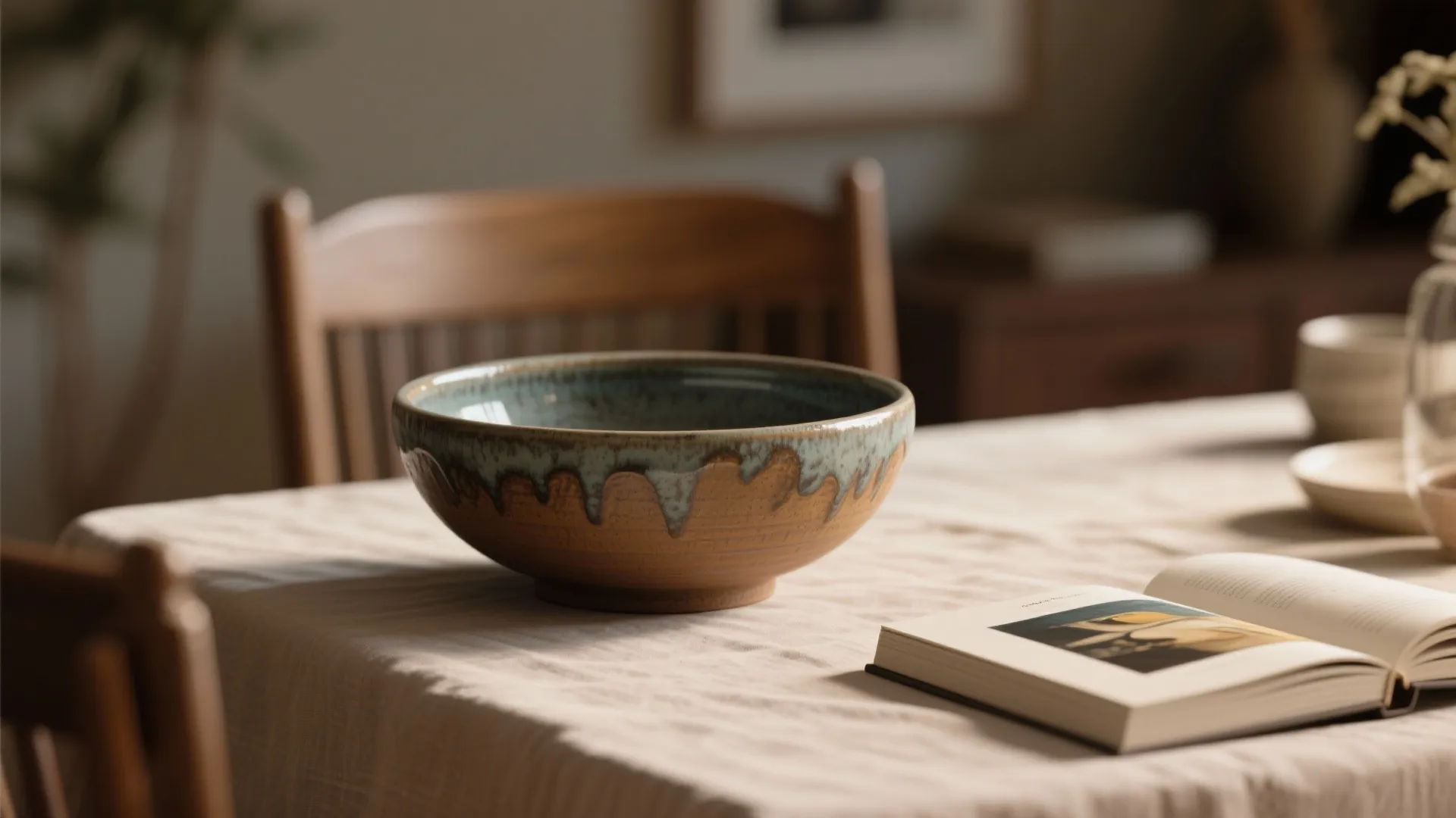 Ceramic bowl on a table covered with beige linen next to an open book indoors