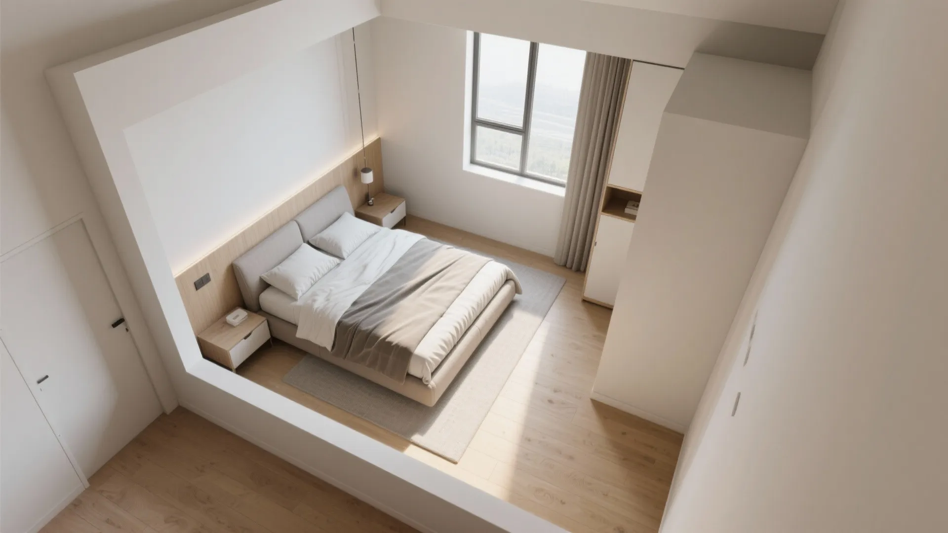 Top-down mockup of a small bedroom with a king bed rotated to face the window, showing clear circulation paths.