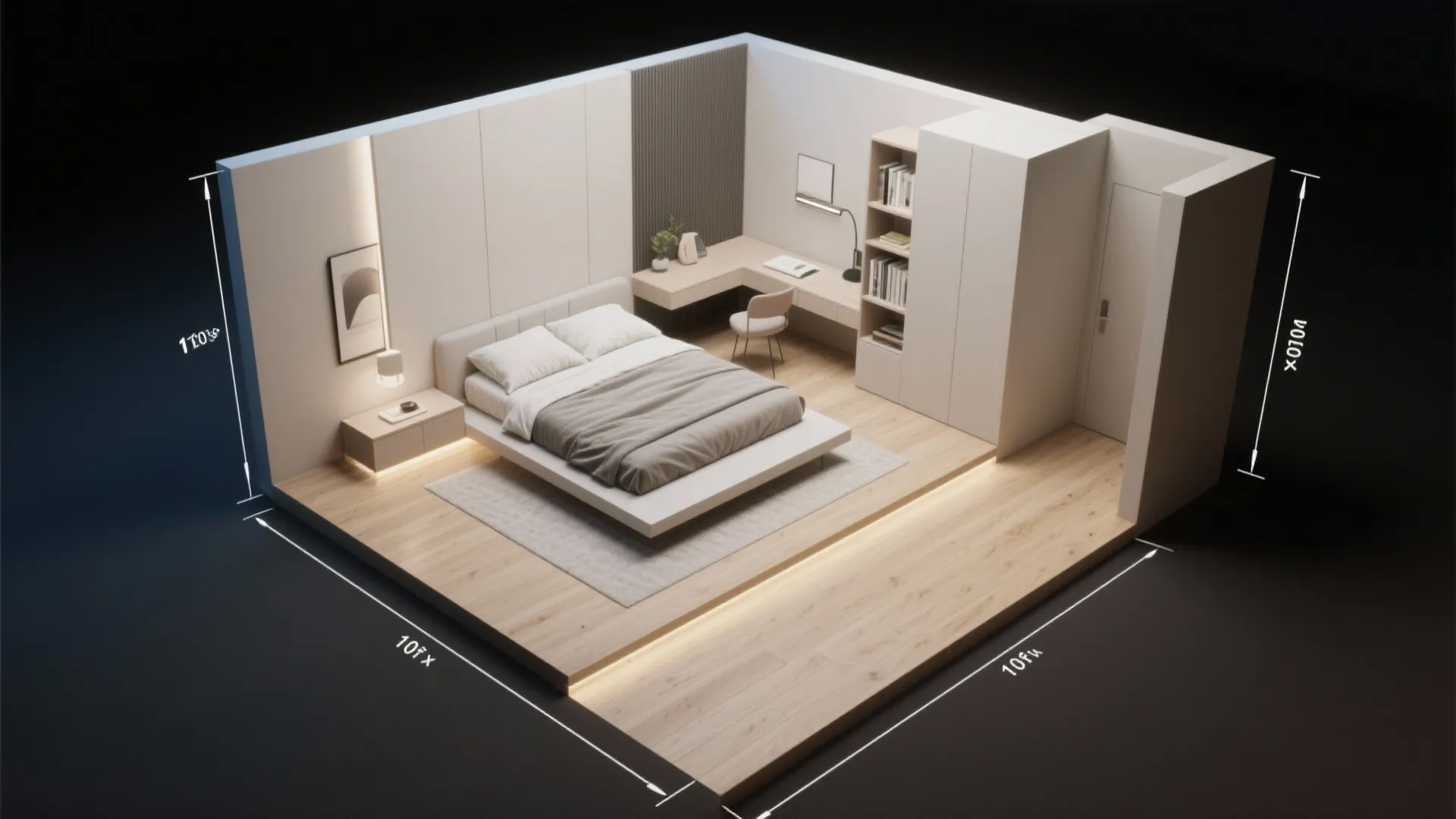 Top-down view of a 10x10 bedroom with a diagonally rotated bed and floated furniture creating zones and clearances.