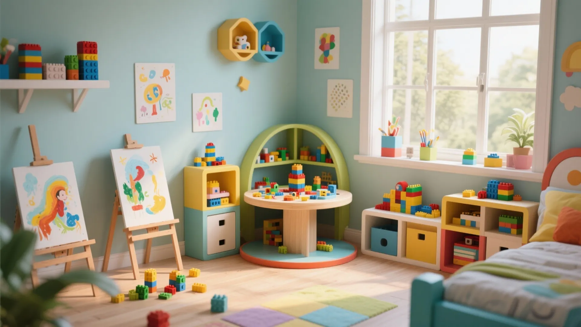 Kids corner with rotating activity station for Lego and art