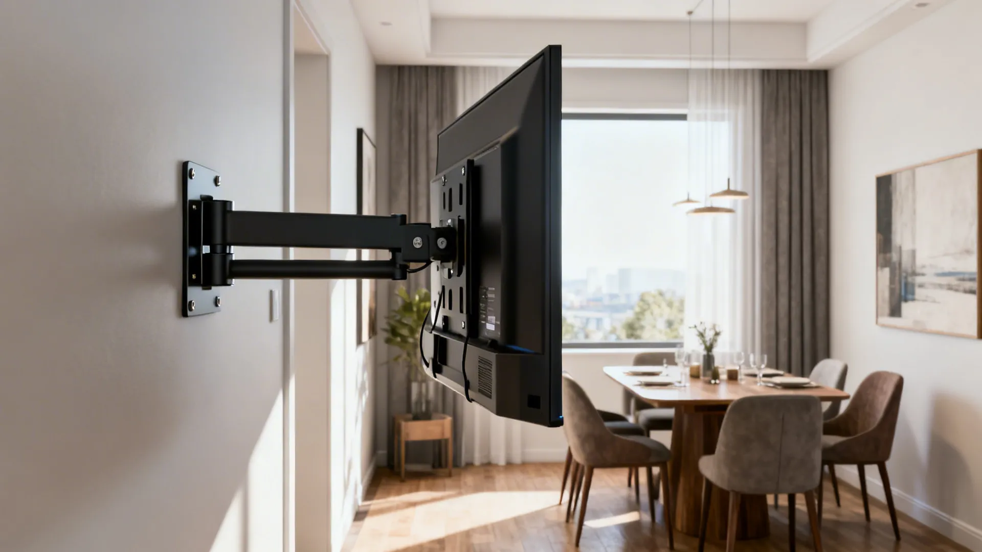 Wall-mounted TV on a full-motion arm angled toward a dining nook in a small living room
