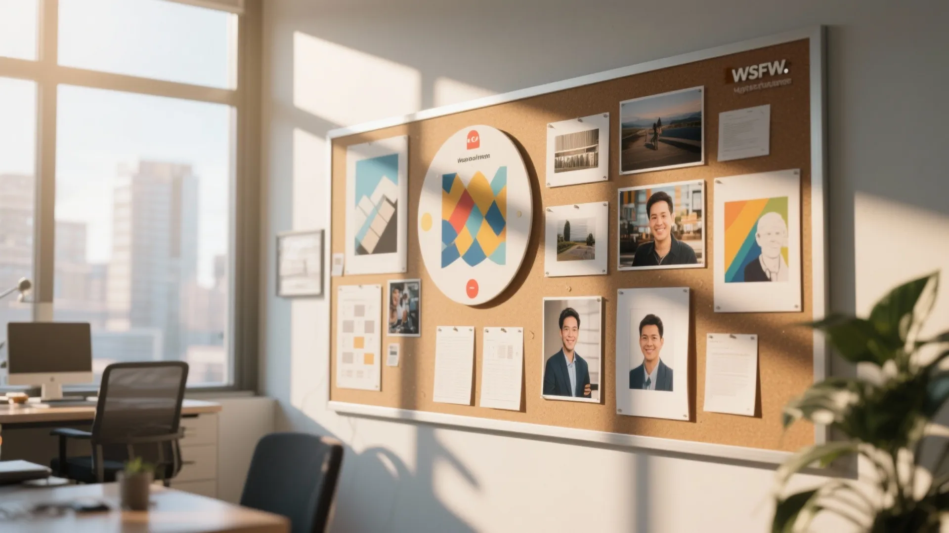 Modern office bulletin board with colorful circular art piece surrounded by photos and white papers