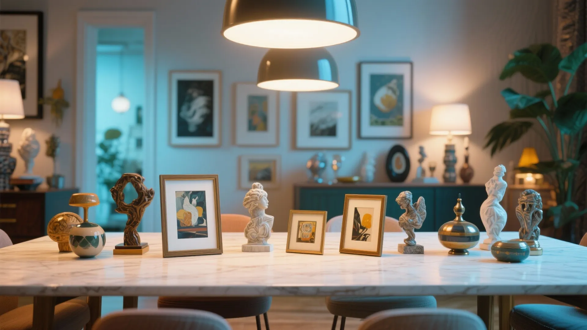 Marble dining table decorated with small statues and picture frames under a bright ceiling light