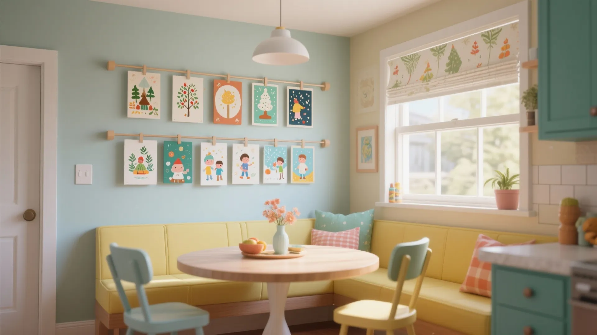 Bright kitchen corner with yellow bench round wooden table colorful hanging art white ceiling light