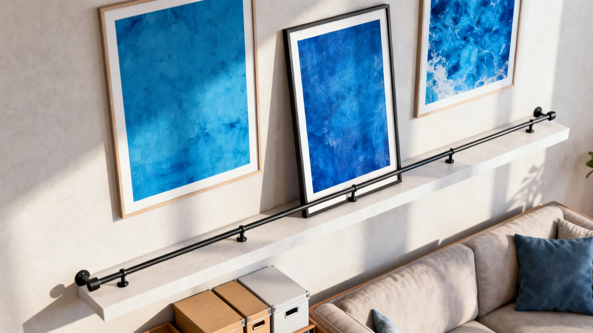 Top-down view of a rotating ledge system with three blue artworks and storage for extras.