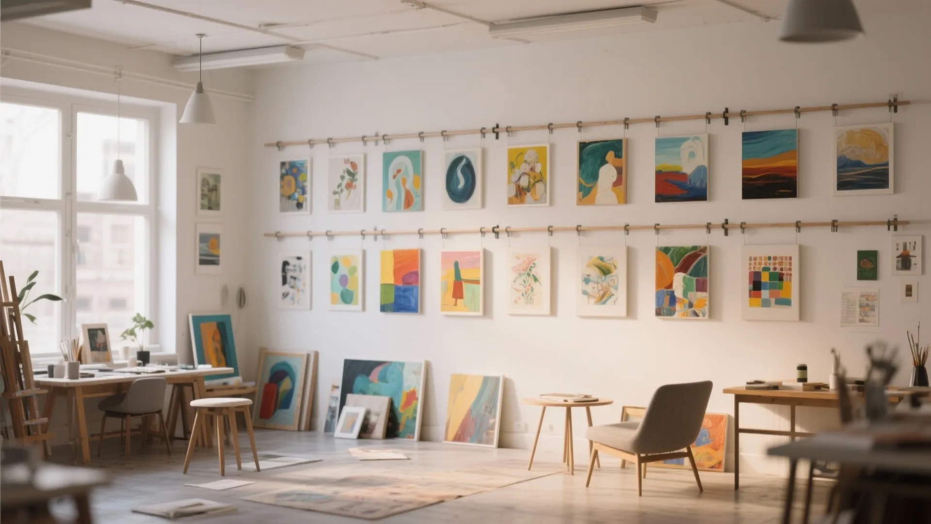 Bright art studio with colorful paintings hanging on white walls plus wooden tables and grey chairs