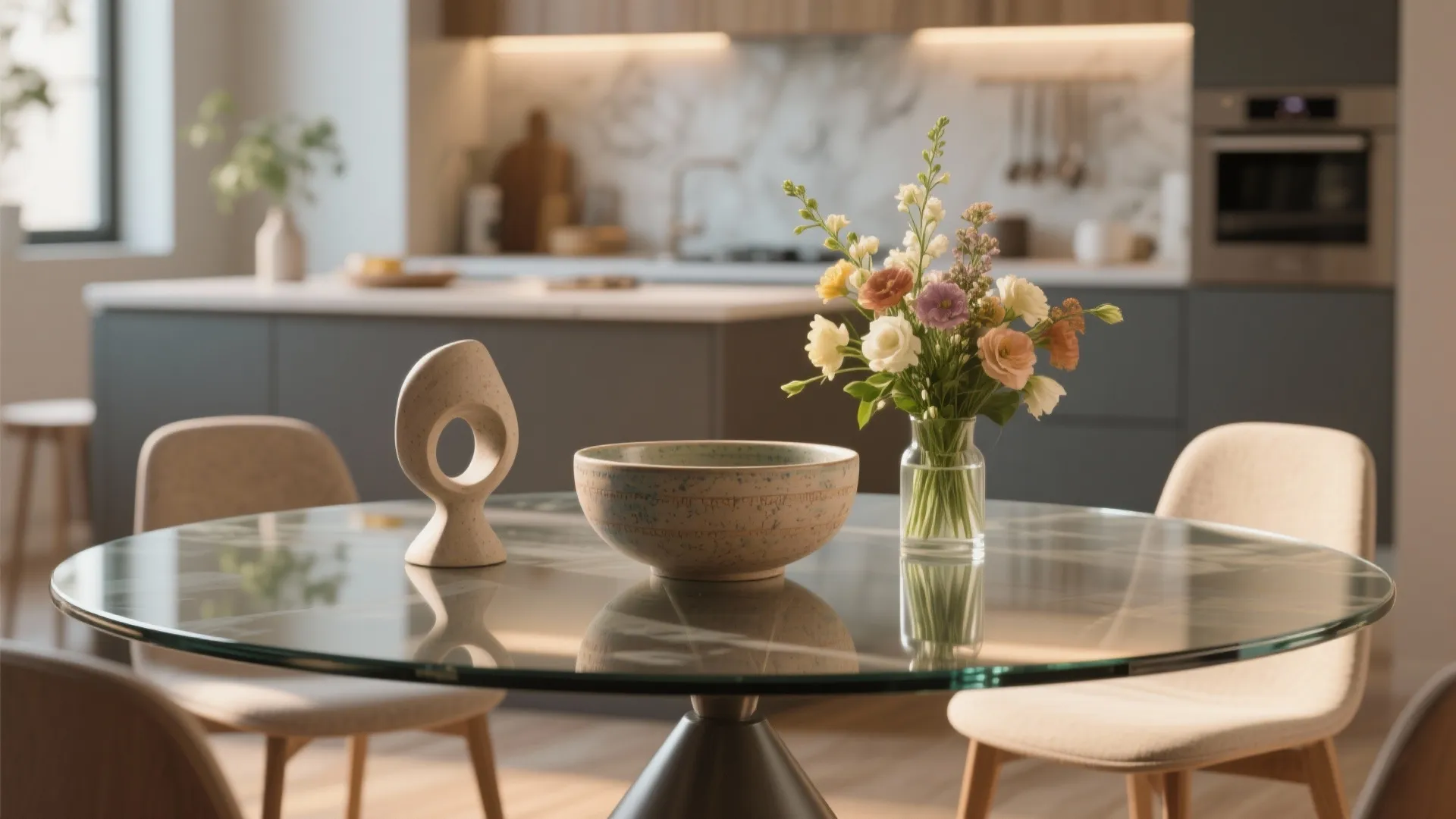Modern round glass dining table with a decorative bowl ceramic sculpture and fresh flowers display