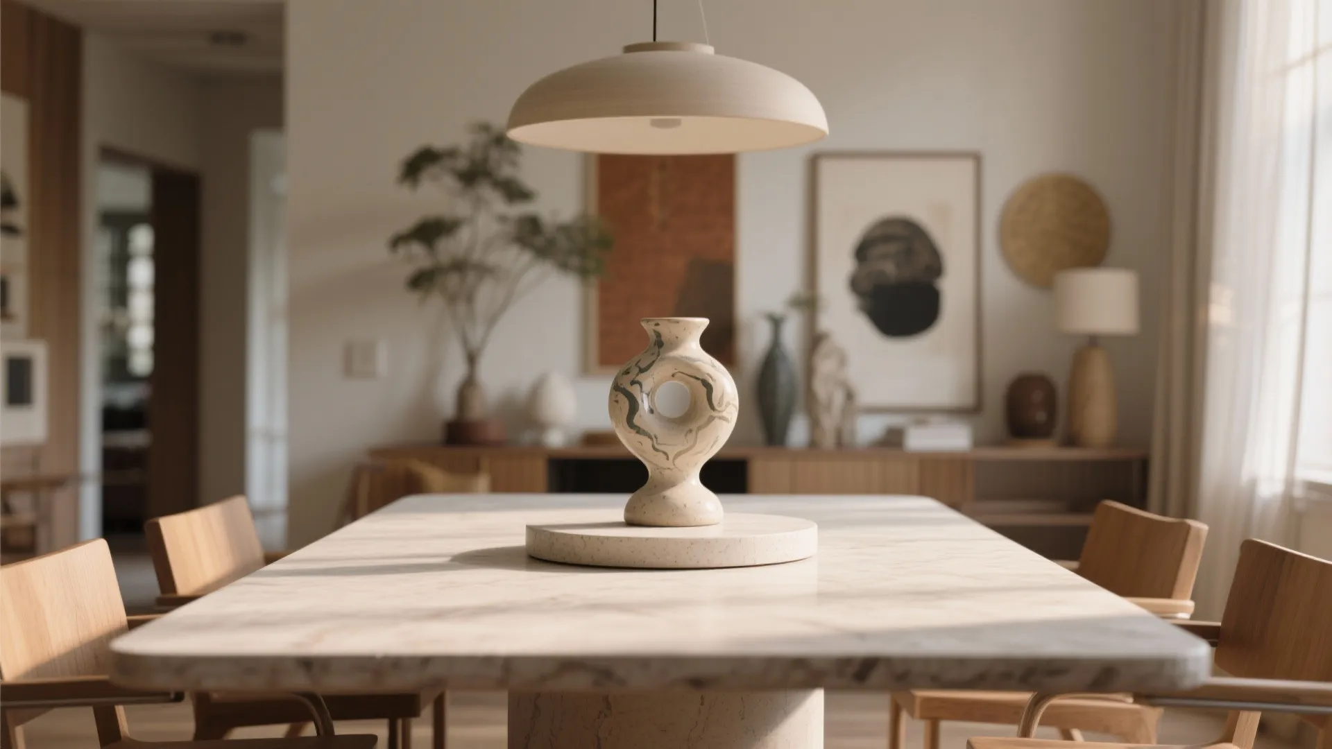 Art plinth displaying small sculpture on dining table