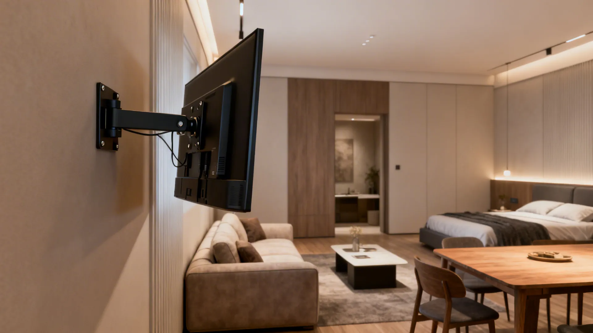 Studio layout with a corner TV on a rotating bracket angled toward different seating and dining areas.