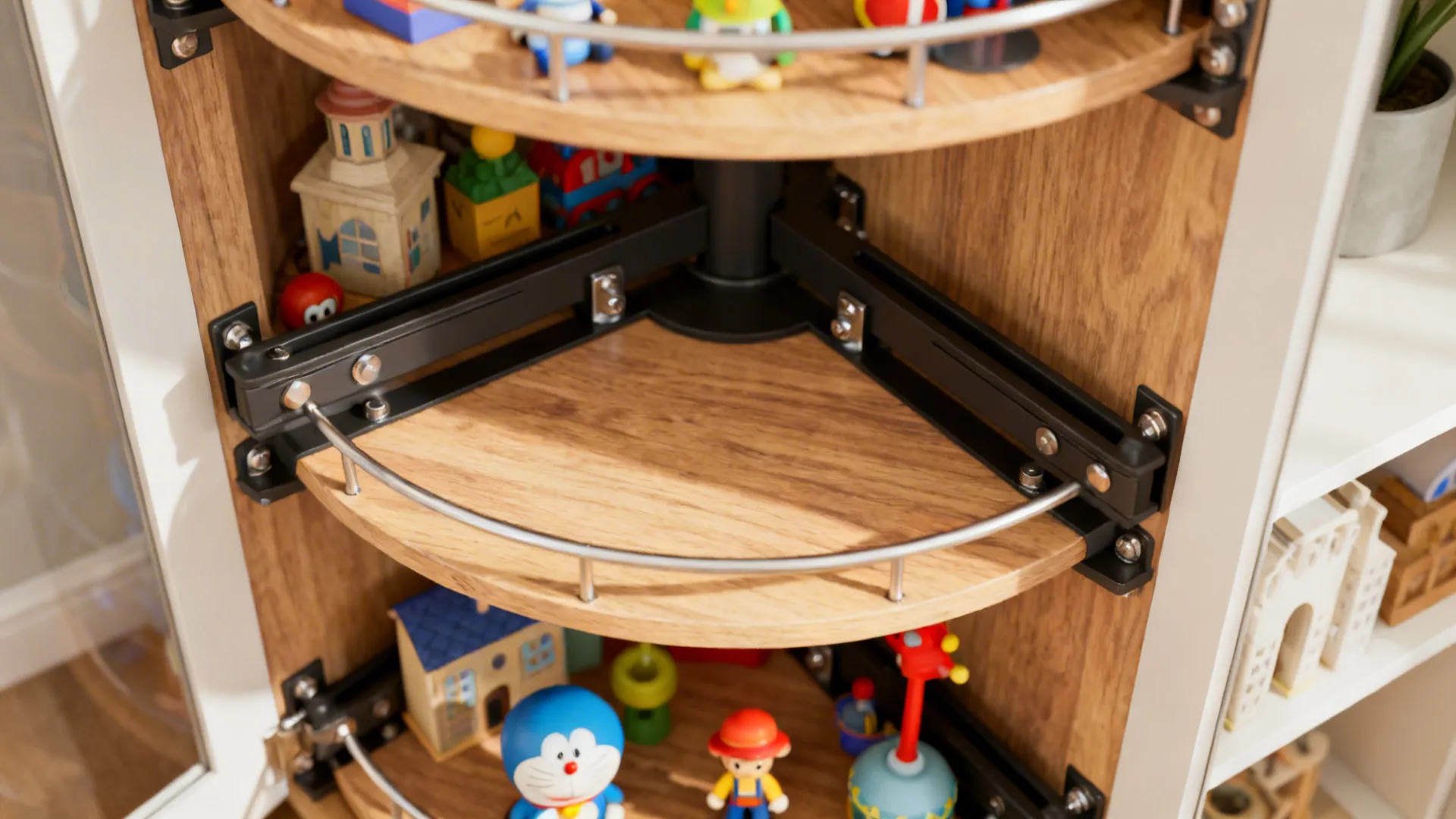 Rotating corner carousel shelf with collectibles and visible hardware
