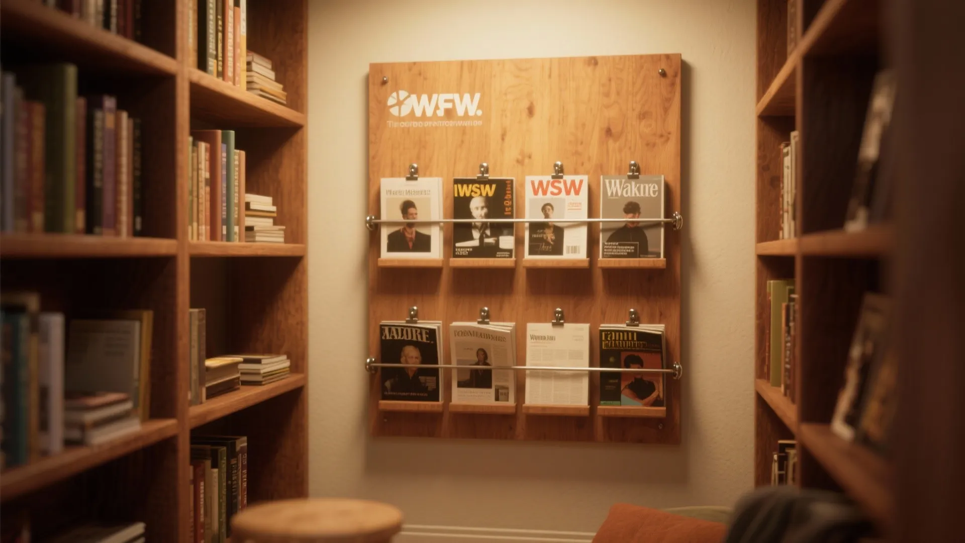 Wooden magazine display board with metal clips between two bookshelves in a cozy home library