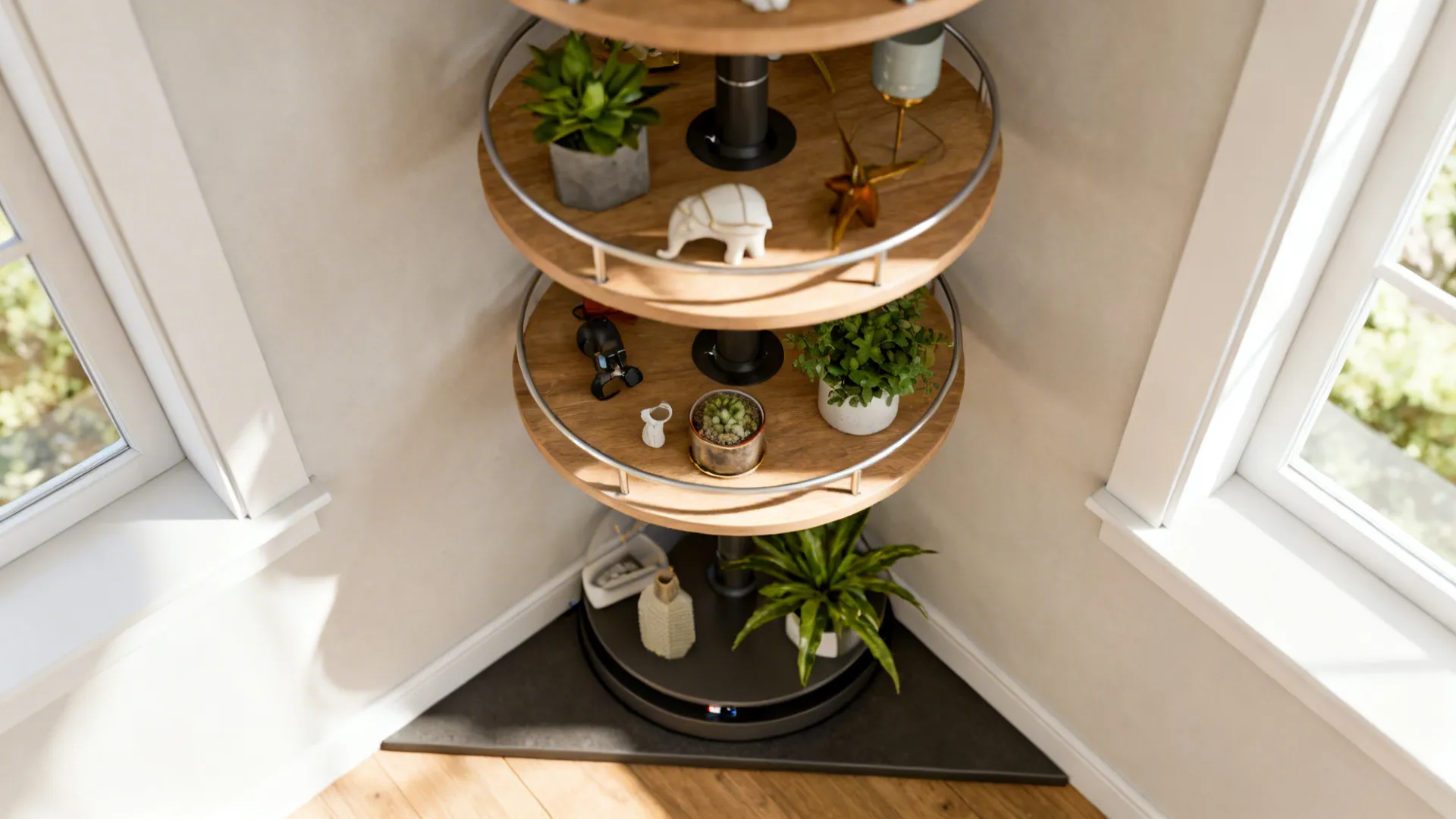 Vertical rotating corner shelf with circular tiers holding small collectibles.