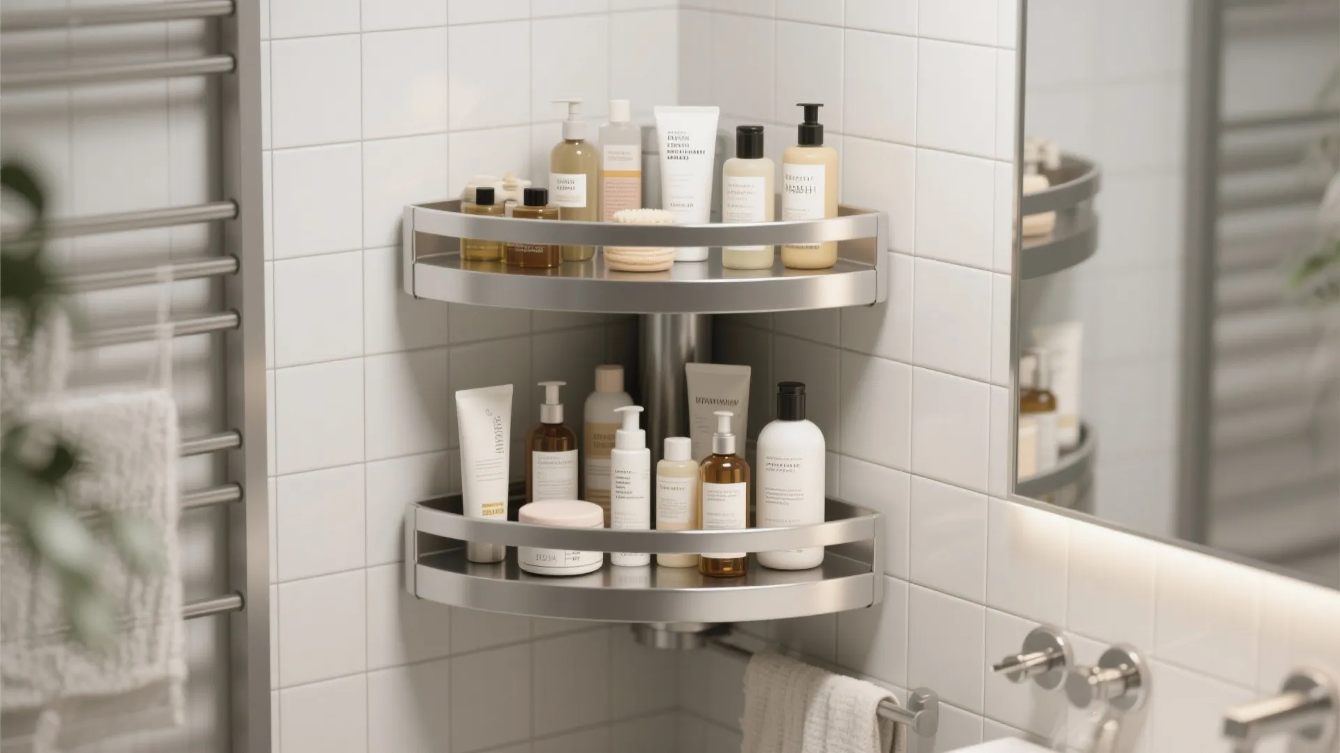 Rotating corner bathroom shelf with bath products