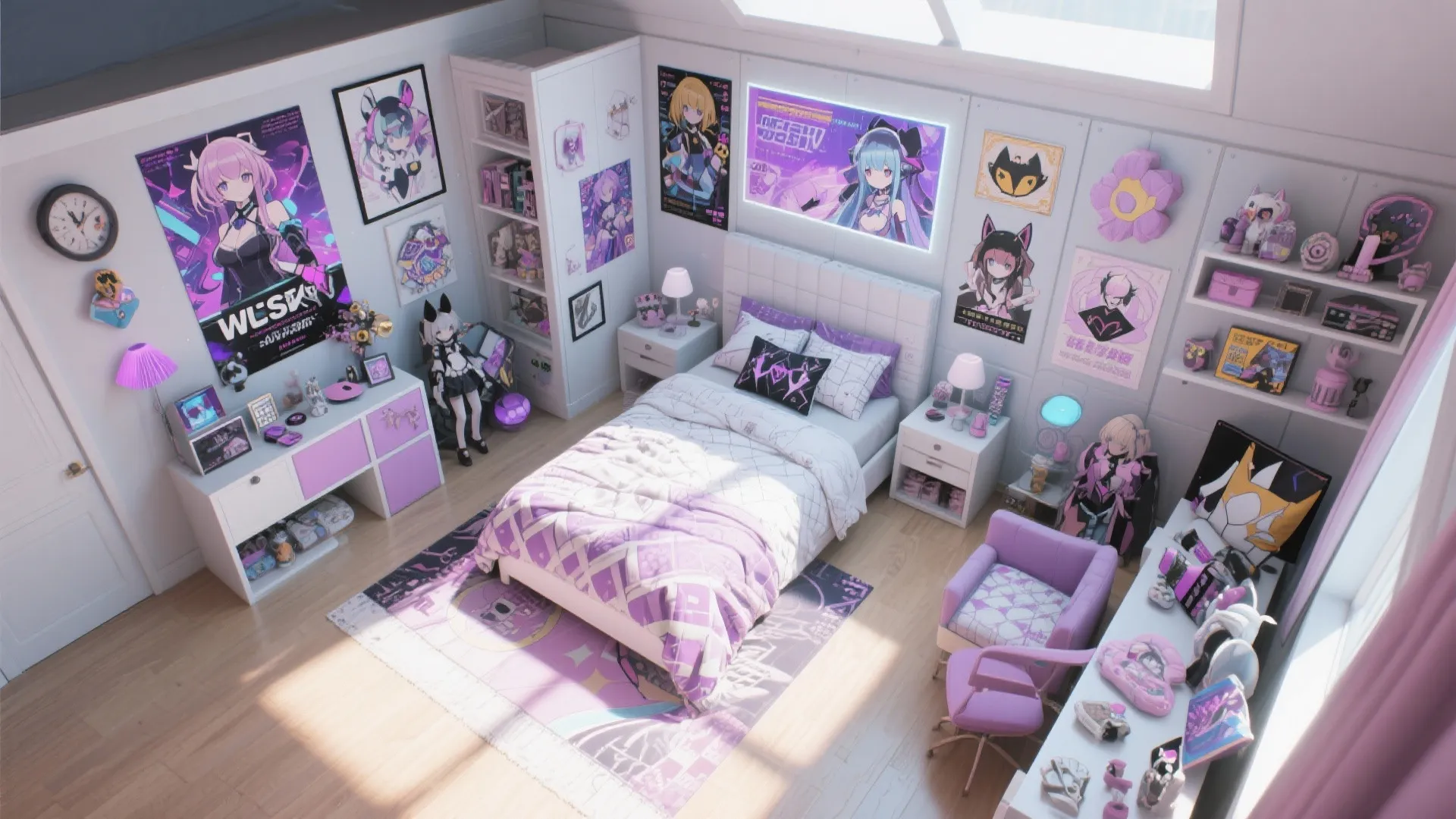 Top-down view of modular cosplay bedroom layout