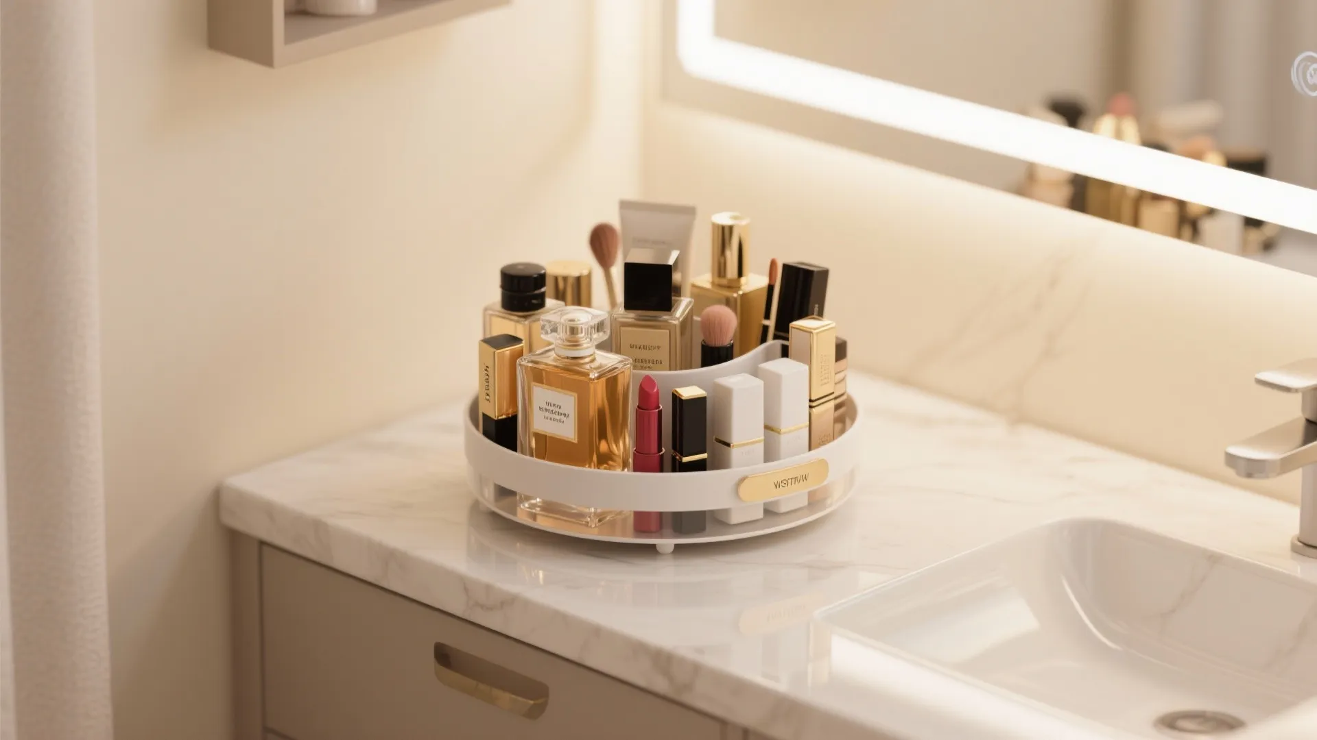 Rotating white countertop tray holding various perfume bottles and makeup products on a marble bathroom counter