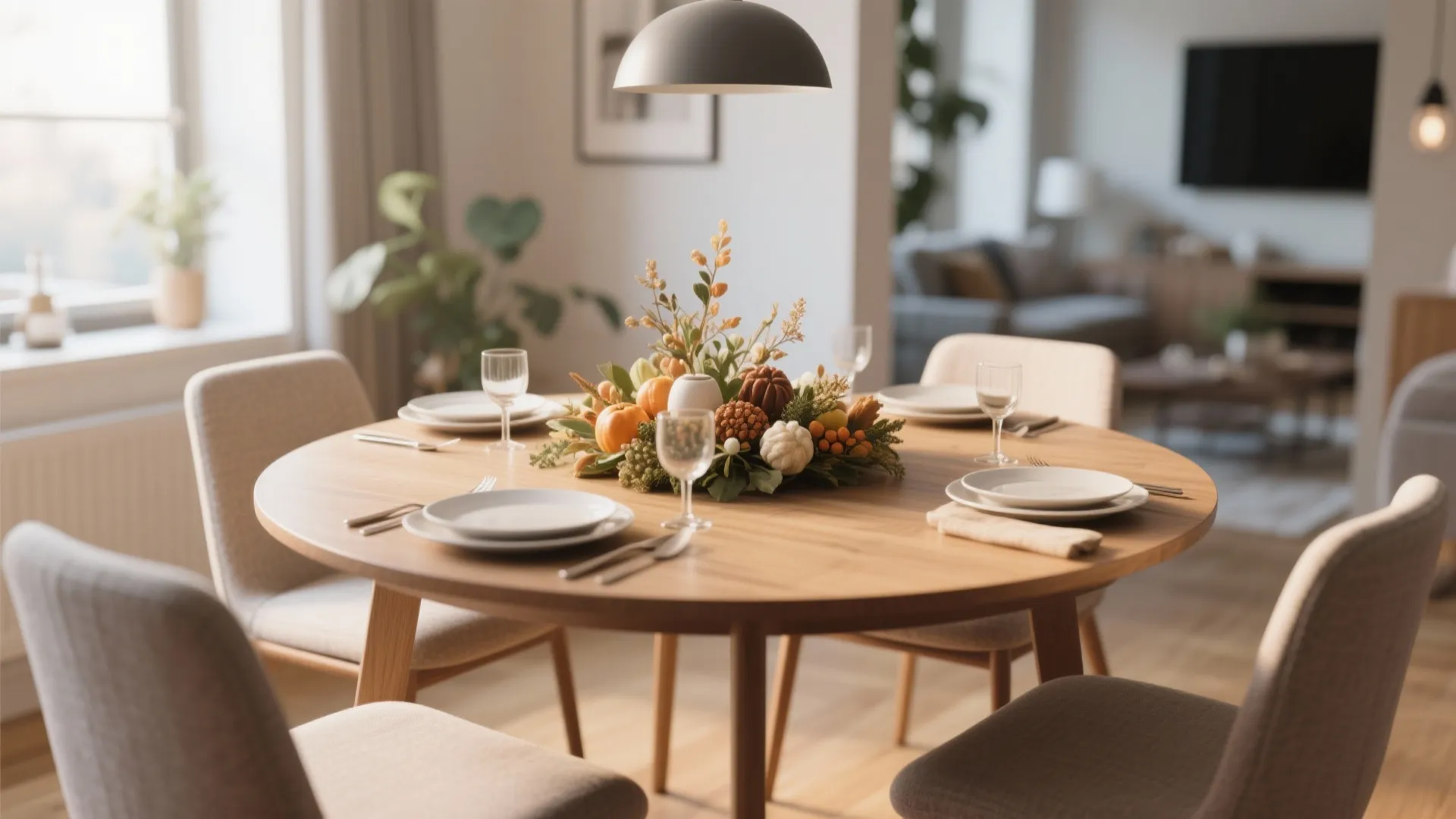 Dining table with seasonal decor change in modern interior