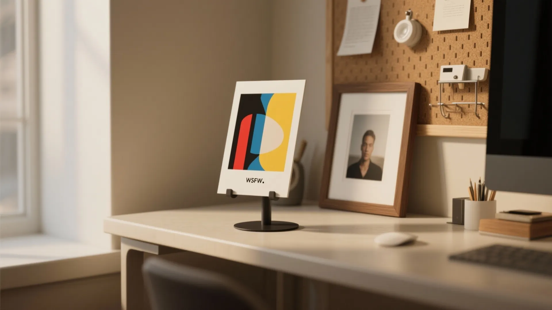 Modern desk area with abstract art on stand plus picture frame and pegboard wall storage