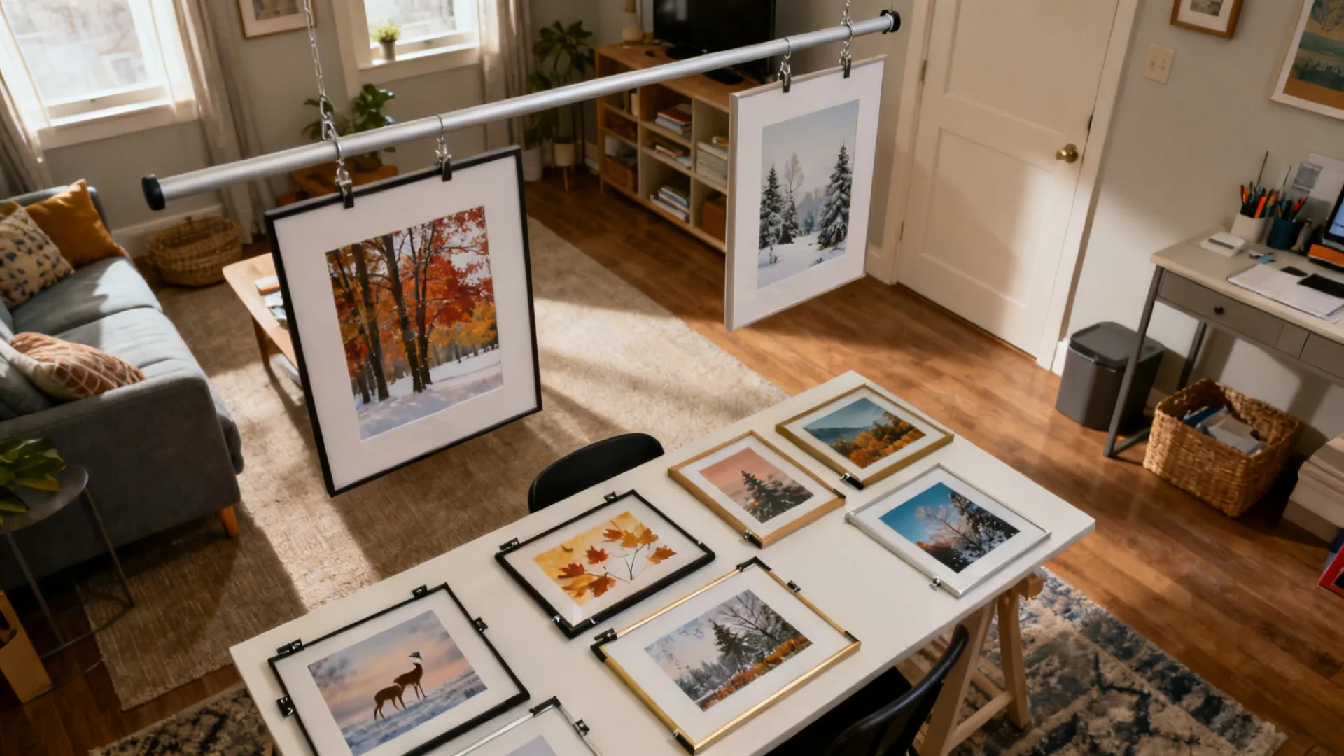Top-down view of magnetic frames and a slim hanging rail being prepared for a rotating art display.