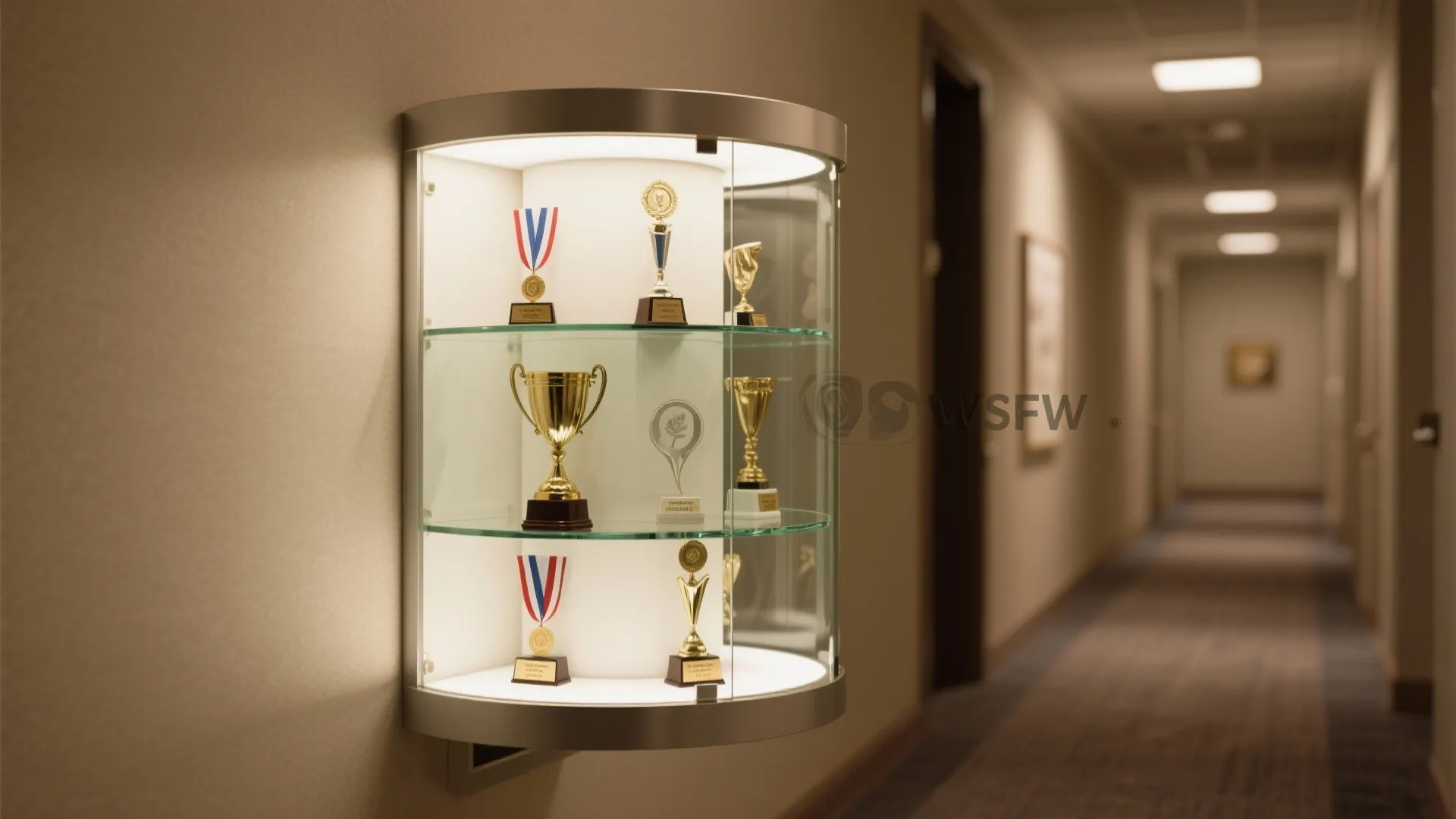 Wall mounted curved glass cabinet with interior light showing gold trophies and awards in hallway