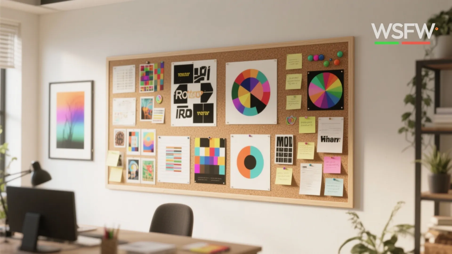 Large cork board filled with colorful charts and notes in a bright home office setting