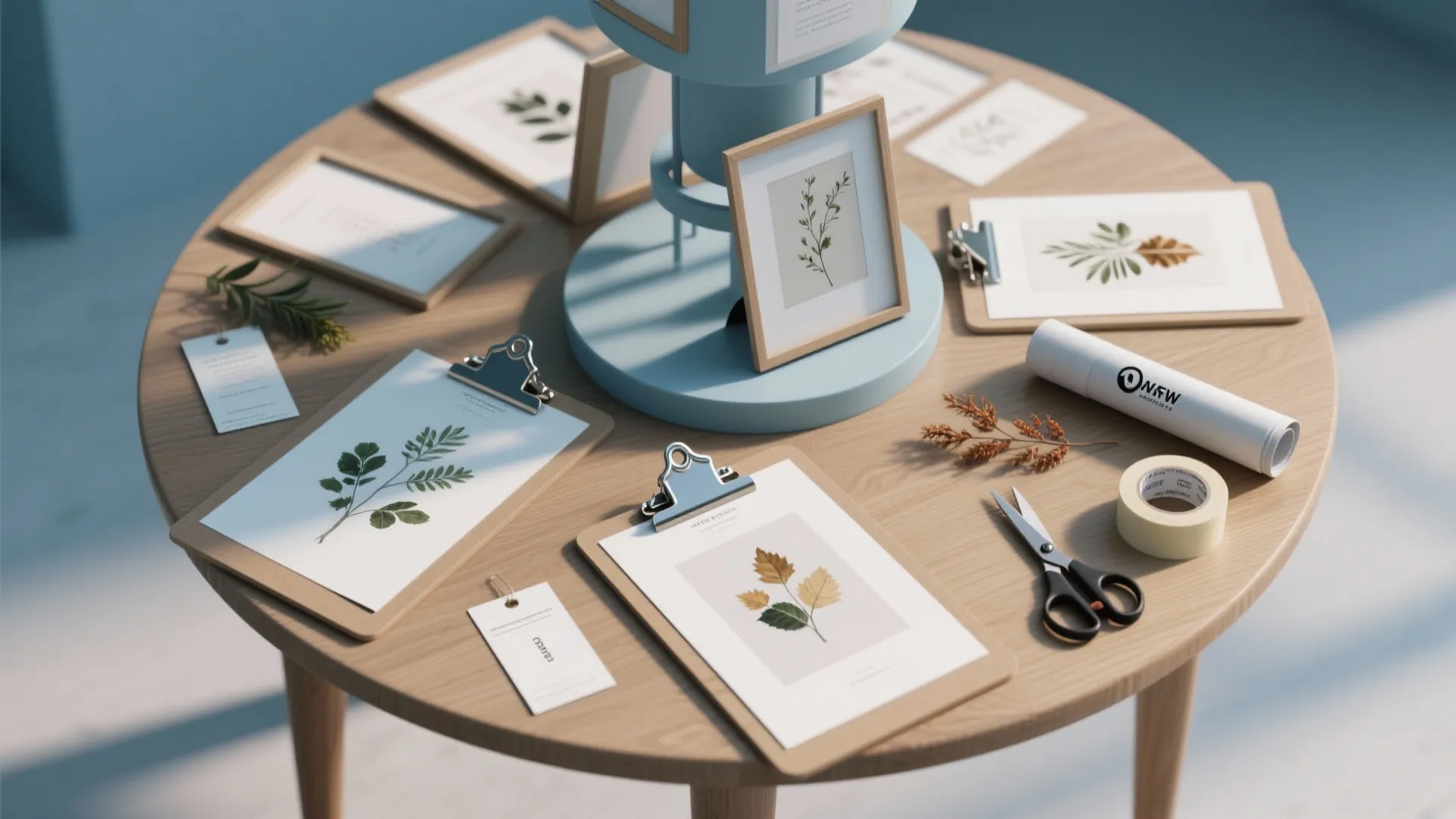 Round wooden table displaying botanical art prints on clipboards with scissors tape and plant stems