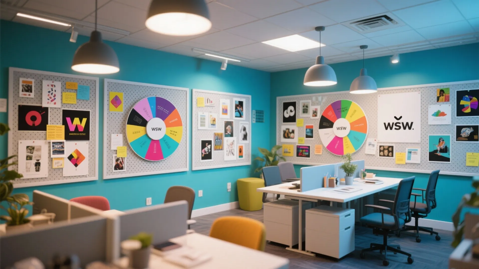 Modern blue office with white desks colorful wall boards round spinning wheels and hanging ceiling lights