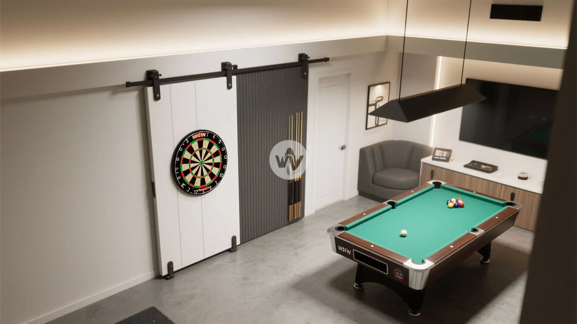 Interior design drawing of game room with pool table and barn door mounted with dartboard
