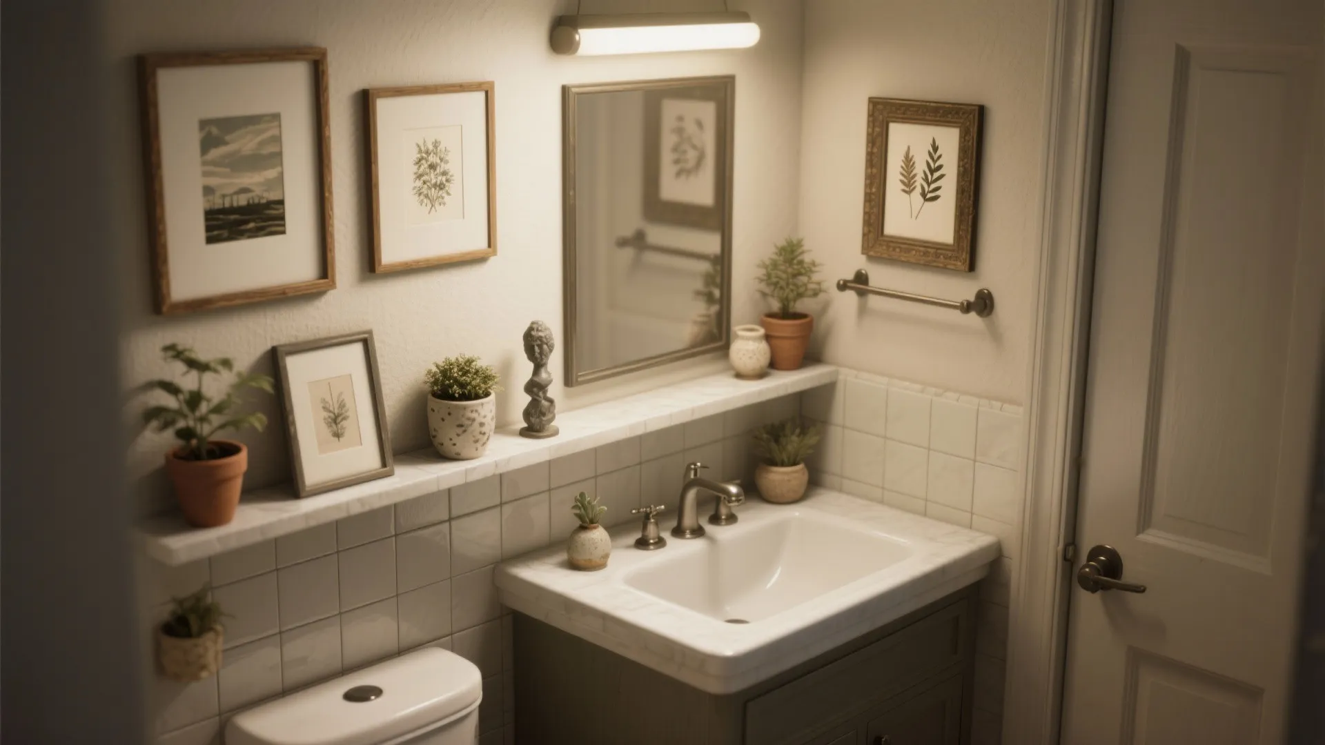 Bathroom sink area with white tiles and a shelf holding many small plants and pictures