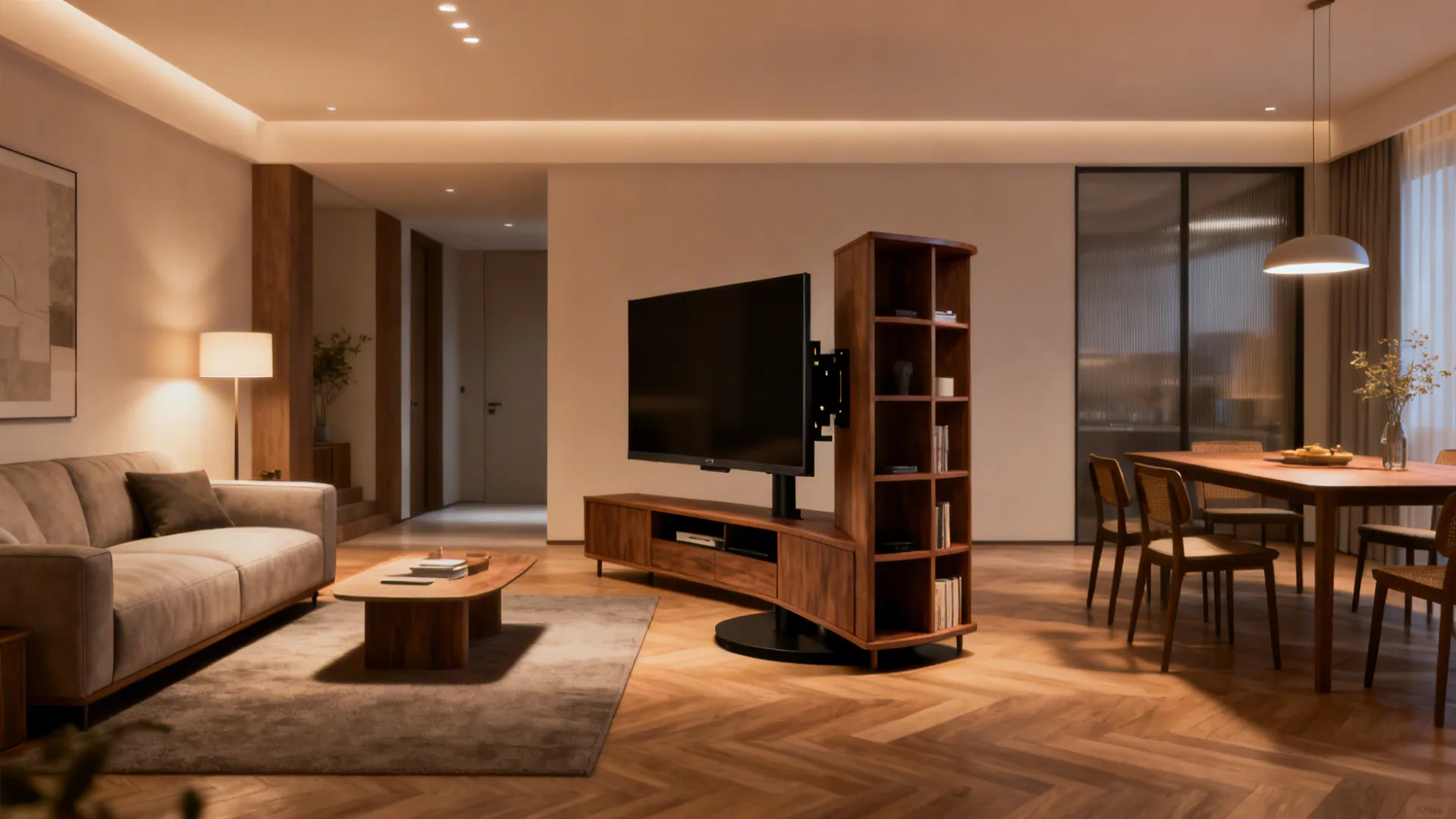 Rotating corner media stand between living and dining spaces demonstrating swivel flexibility