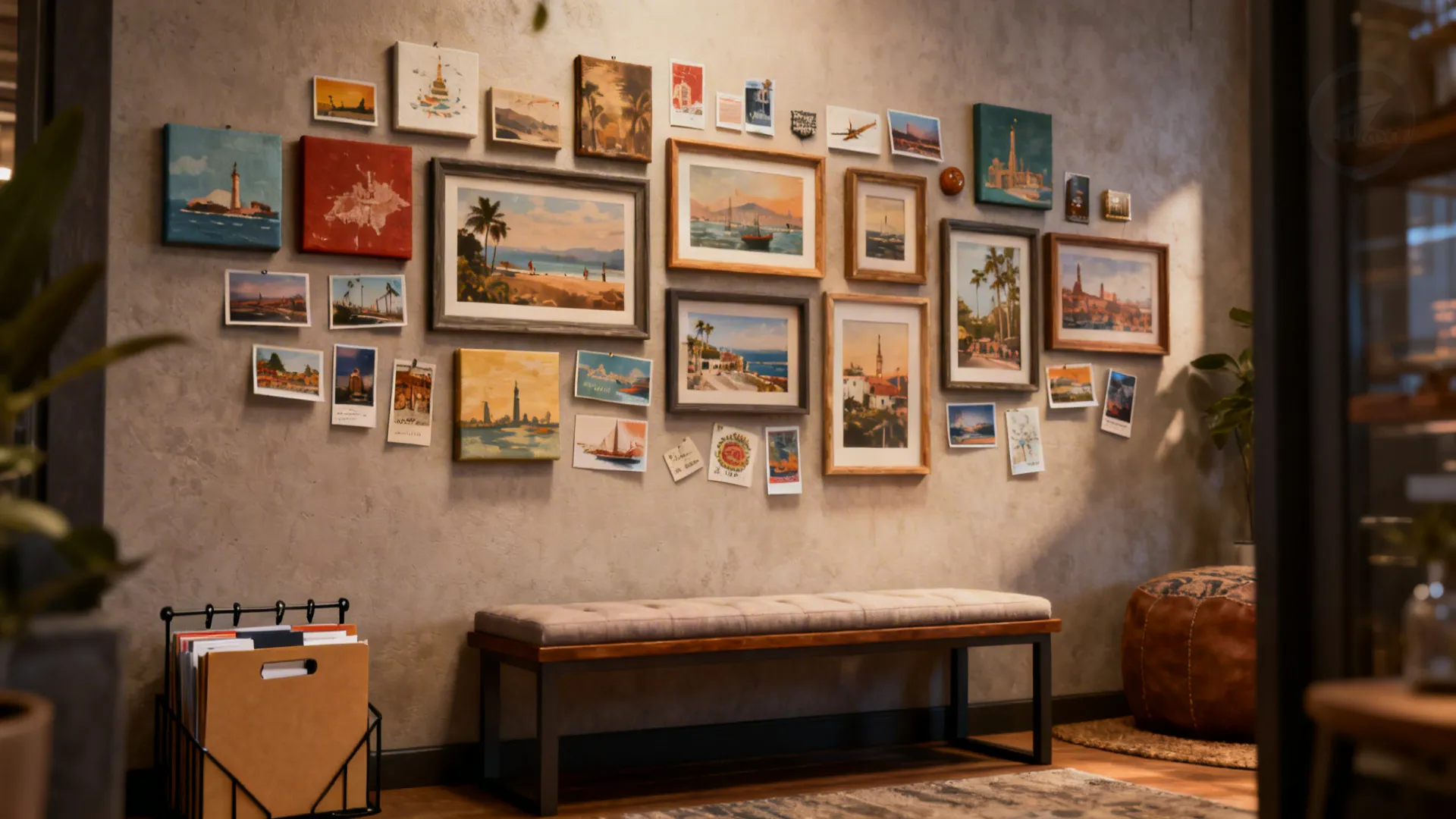Wall dedicated to a rotating mini-exhibition of small canvases, postcards and travel prints.