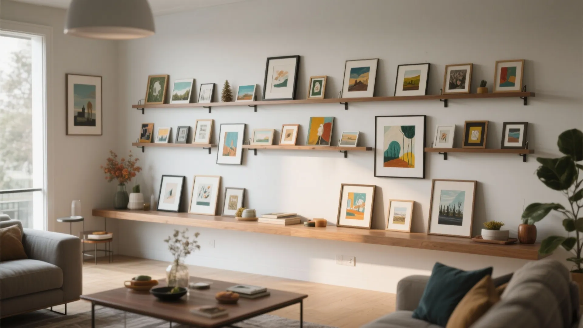 Living room wall with wooden shelves displaying many small framed art pieces and grey sofa
