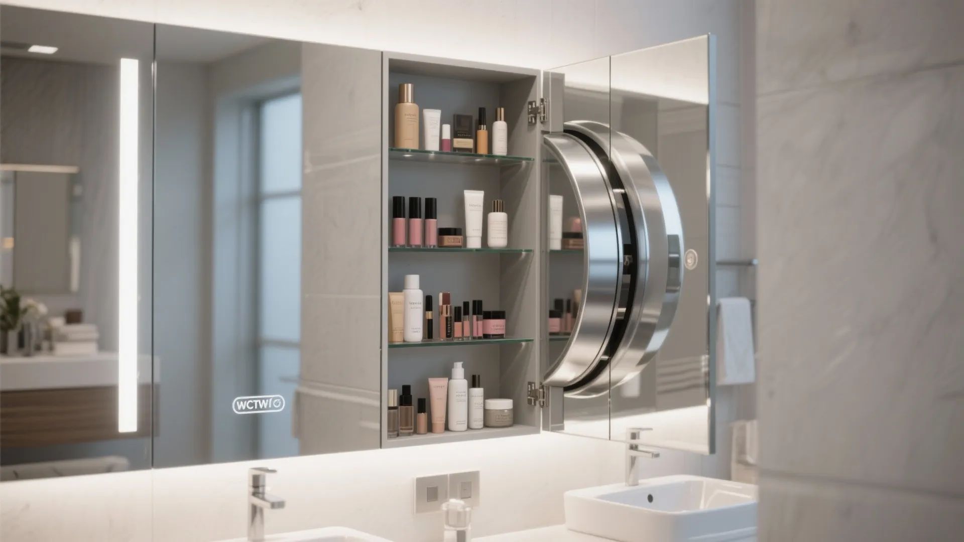 Open bathroom mirror cabinet with a unique rotating circular section and shelves for organized skincare