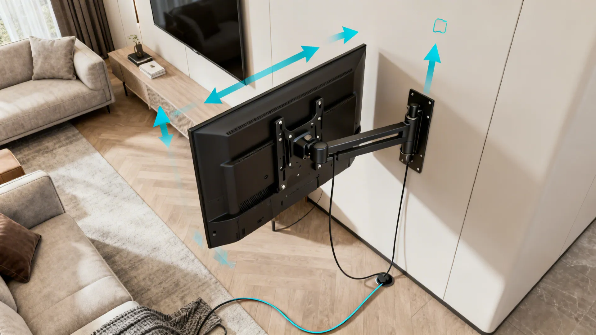 Top-down visualization of a corner TV on a rotating mount with pivot range and seating sightlines.